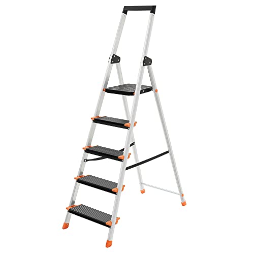 SONGMICS Escalera de 5 Peldaños, Escalera de Aluminio con Peldaños de 13 cm de Ancho, Antideslizante, Carga de 150 kg, según EN131, Negro y Naranja GLT05BK