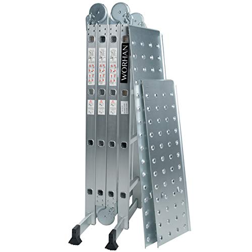 WORHAN® 4.6m Escalera Multiuso con 2 Plataformas de Acero Multifuncional Plegable Tijera Aluminio 2 Estabilizadores Bisagra Grande Nueva Generación Calidad Alta KS4.6+platforms