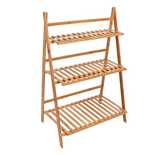GOTOTOP Estante de bambú de 3 niveles para macetas, plegable, organizador de flores, estante de almacenamiento independiente, escalera para exteriores e interiores (color madera)